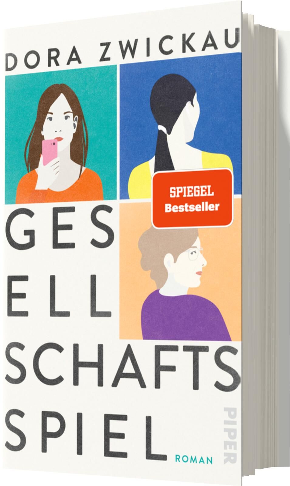 Das Buchcover zeigt ein grafisches Layout in klaren Farben mit vier stilisierten Porträts von Frauen. Die obere linke Figur mit einem Smartphone trägt ein oranges Oberteil, die obere rechte hat ein blaues Oberteil, während die untere linke Figur mit braun