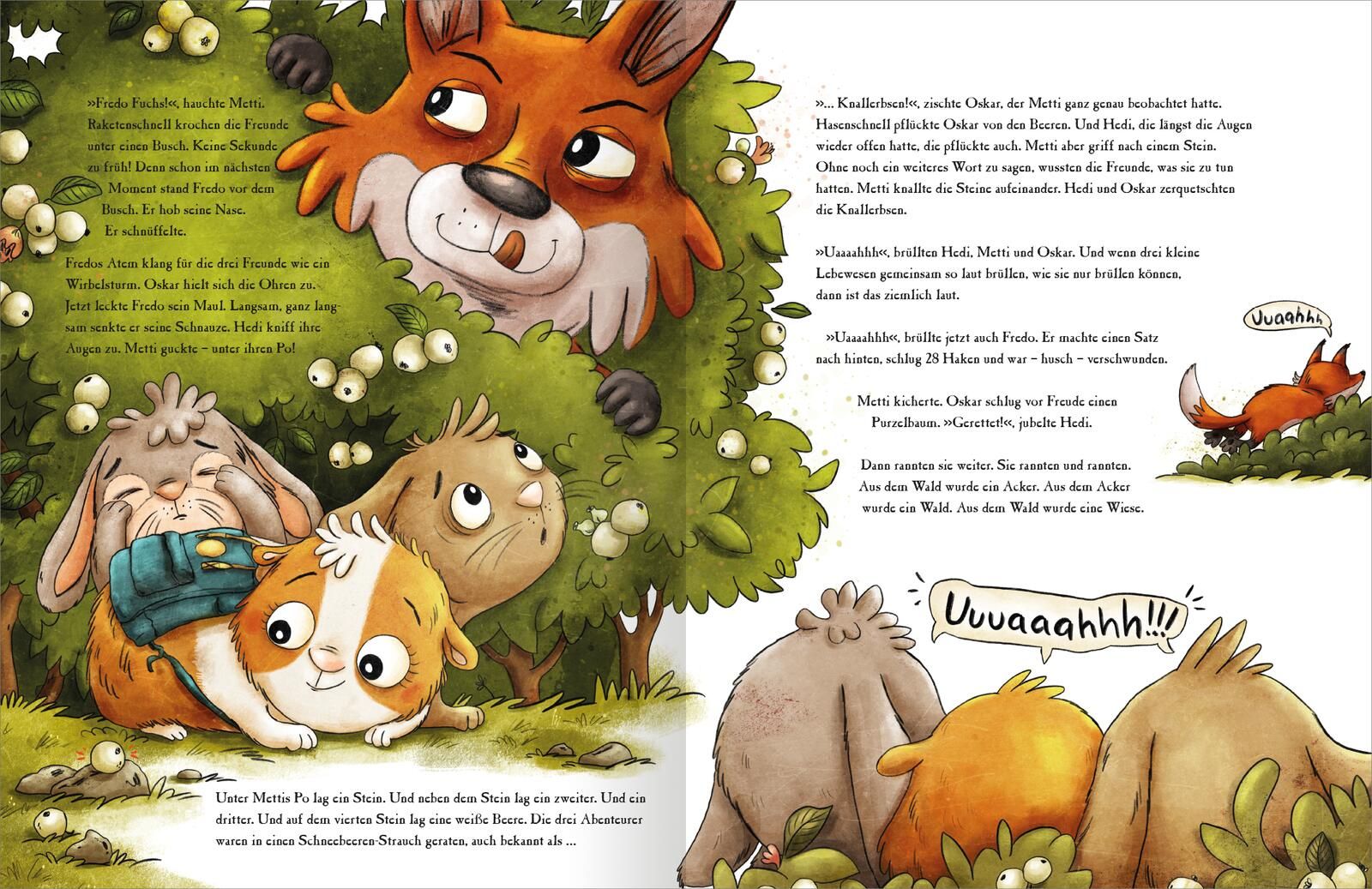 Gezeigt wird eine Innen- oder Zusatzansicht von „Metti Meerschwein und das große Abenteuer“. Die Illustration zeigt eine lebendige Szene im Wald mit einem orangefarbenen Fuchs und mehreren Tierfreunden, darunter ein Meerschweinchen, das auf dem Rücken ein