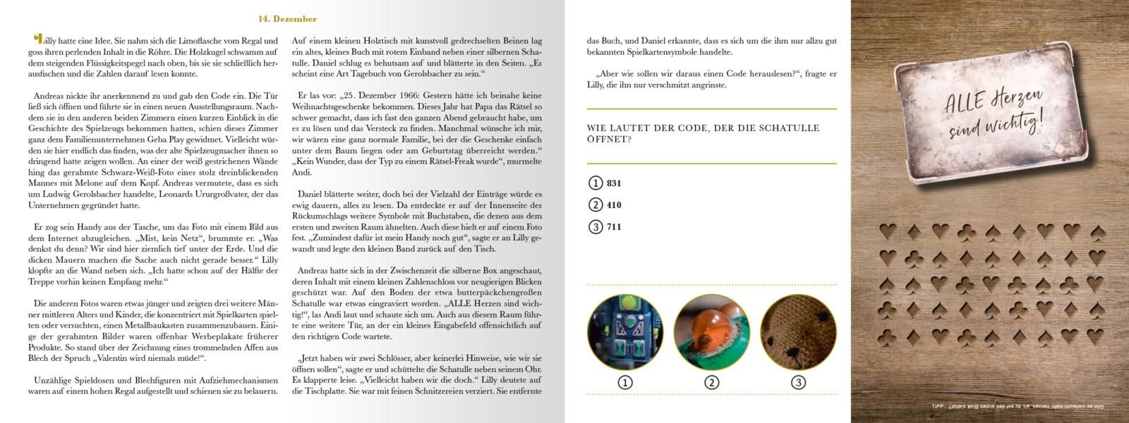 Gezeigt wird eine Innen- oder Zusatzansicht von „Escape Room. Das Geheimnis des Spielzeugmachers“. Das Bild zeigt eine offene Buchseite mit klassischer, gut lesbarer Serifenschrift in Schwarz auf hellem Hintergrund. Links sind Textabschnitte in einem klar