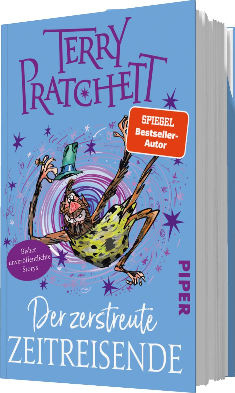 Das Buchcover zeigt eine humorvolle Illustration eines verrückten, grün gefleckten Charakters in einem gestreiften Anzug und einem Zylinder. Der Hintergrund ist in sanften Blau- und Lilatönen gehalten und vermittelt eine fantasievolle Atmosphäre. Der Tite