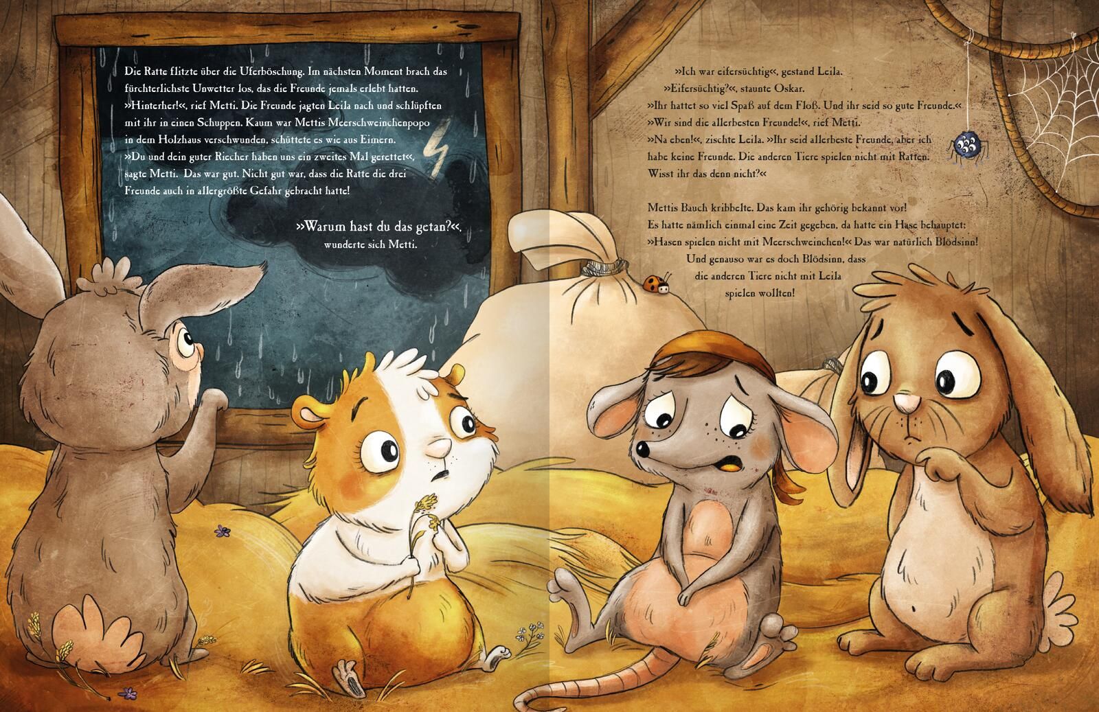 Gezeigt wird eine Innen- oder Zusatzansicht von „Metti Meerschwein und das große Abenteuer“. Die Illustration zeigt vier tierische Charaktere in einem Holzstall, umgeben von Heu und Sackstoffen. Das Meerschwein Metti in der Mitte hat orange-braunes Fell u