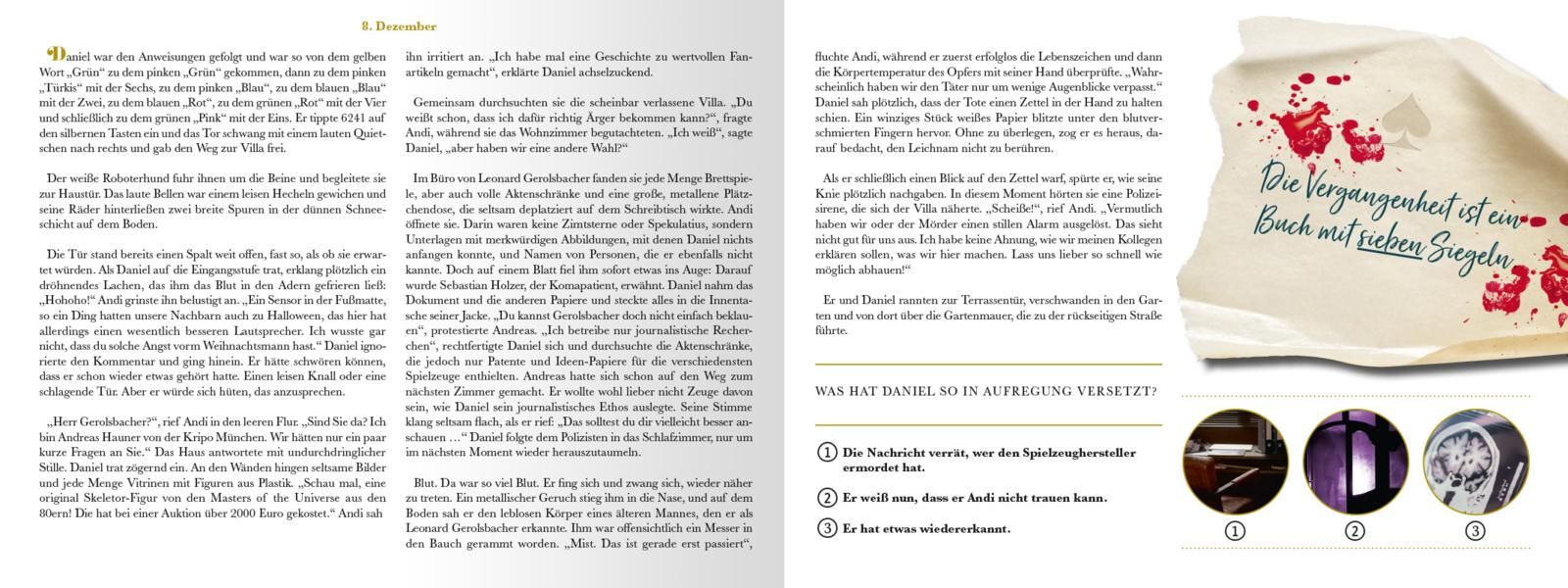 Gezeigt wird eine Innen- oder Zusatzansicht von „Escape Room. Das Geheimnis des Spielzeugmachers“. Die Seiten sind hell gestaltet und zeigen den Titel in einer verspielten, bunten Schriftart. Zentrale Elemente sind Textabsätze, die in dunklerer Schrift he