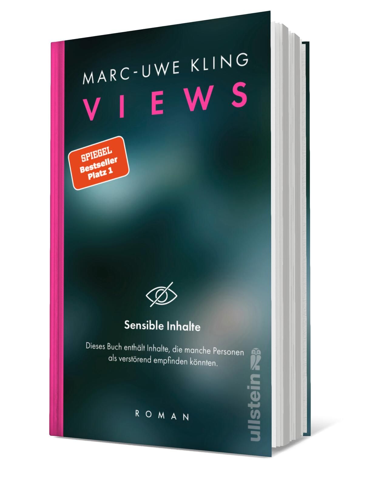 Cover von „VIEWS“ von Marc-Uwe Kling: Das Buchcover zeigt eine unscharfe, dunkle Hintergrundfarbe mit pinken Schriftzügen und einem Hinweis auf sensible Inhalte.