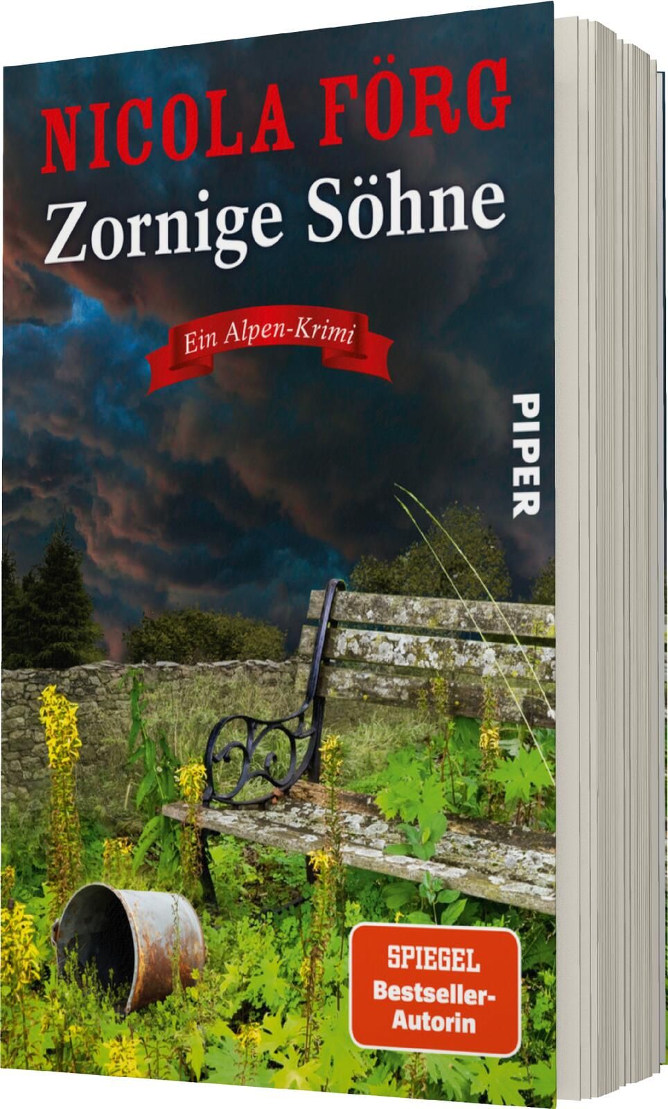 Das Buchcover zeigt eine dramatische Alpenlandschaft mit einem bewölkten Himmel in dunklen Blau- und Grautönen. Im Vordergrund steht eine alte, verrostete Bank, umgeben von grünen Pflanzen und gelben Wildblumen. Links ist ein umgedrehter, rostiger Eimer z