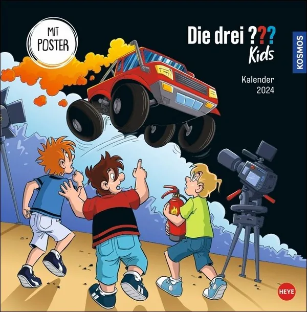 Cover von Die drei ??? Kids Broschurkalender 2024. Ein Jahr voller Abenteuer mit den Junior-Detektiven Justus, Peter und Bob. Wandkalender 2024 zum Eintragen mit spannenden Tipps