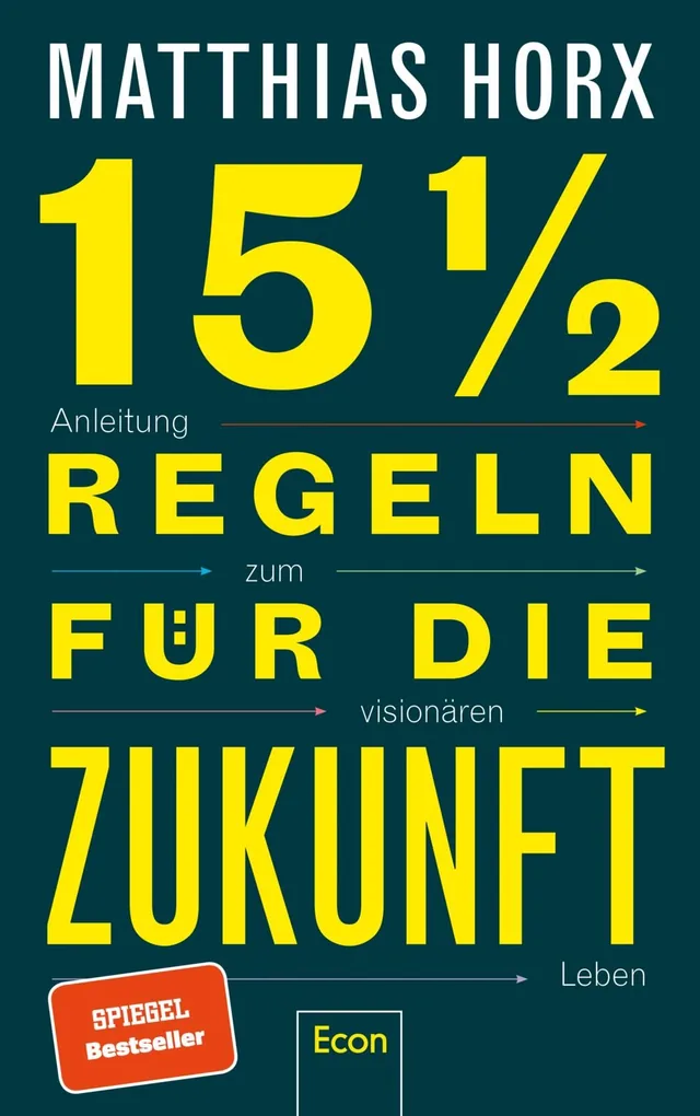 Cover von „15 ½ Regeln für die Zukunft“ von Matthias Horx: Das Cover präsentiert auffällige, gelbe Schrift auf einem dunkelgrünen Hintergrund, das einen modernen und einladenden Eindruck vermittelt.