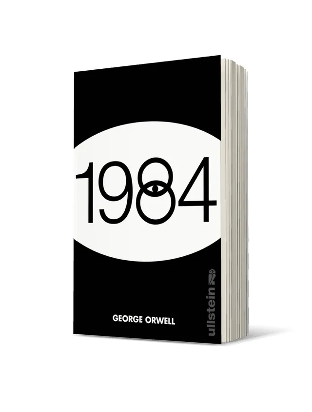 Cover von „1984“ von George Orwell: Das Cover ist schlicht in Schwarz und Weiß gehalten, mit einer großen, ovalen Form und der auffälligen Darstellung der Zahl „1984“ in der Mitte.