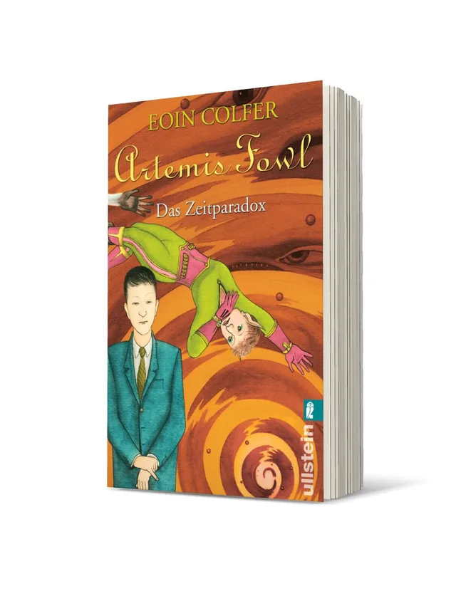 Cover von „Artemis Fowl: Das Zeitparadox“ von Eoin Colfer: Das Cover zeigt einen Jungen in einem blauen Anzug und ein fliegendes Mädchen in einem grünen Kostüm vor einem wirbelnden, orangefarbenen Hintergrund.