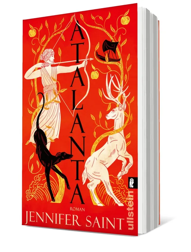 Cover von „Atalanta“ von Jennifer Saint: Auf orangerotem Hintergrund ist eine weibliche Figur mit Bogen und Pfeil abgebildet, umgeben von stilisierten Tieren und Pflanzen.