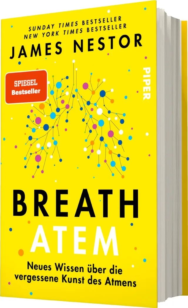 Das Buchcover zeigt einen leuchtend gelben Hintergrund, auf dem bunte Punkte und Linien in verschiedenen Farben angeordnet sind, die ein Netzwerk darstellen. Der Titel „BREATH ATEM“ ist in großen schwarzen Buchstaben prominent platziert. Darunter steht de