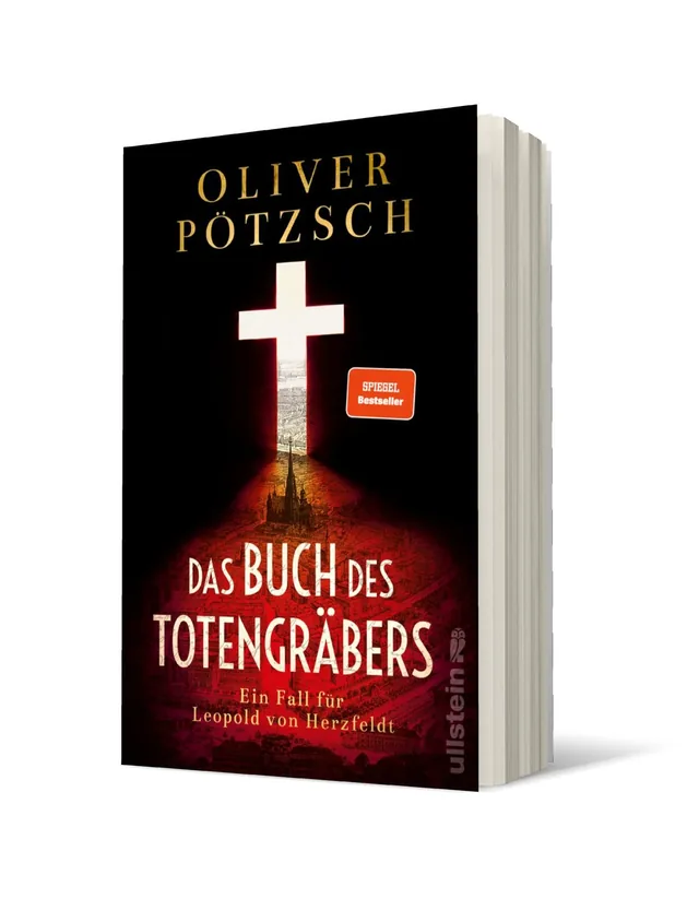 Cover von „Das Buch des Totengräbers“ von Oliver Pötzsch: Der Titel in Rot steht vor einem düsteren, schwarzen Hintergrund mit einem großen weißen Kreuz, das über einer bleichenden Landschaft schwebt, und vermittelt eine geheimnisvolle Atmosphäre.