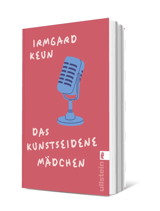 Cover von „Das kunstseidenen Mädchen“ von Irmgard Keun: Rotes Cover mit einer einfachen Illustration eines blauen Mikrofons und weißer Schrift.