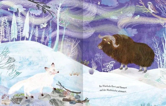 Gezeigt wird eine Innen- oder Zusatzansicht von „Das Nordlichtwunder“. Die Illustration zeigt eine schneebedeckte Landschaft mit einer weißen Füchsin links und einem dicken, braunen Tier rechts, umgeben von schillernden, abstrakten Farben in Blau und Lila