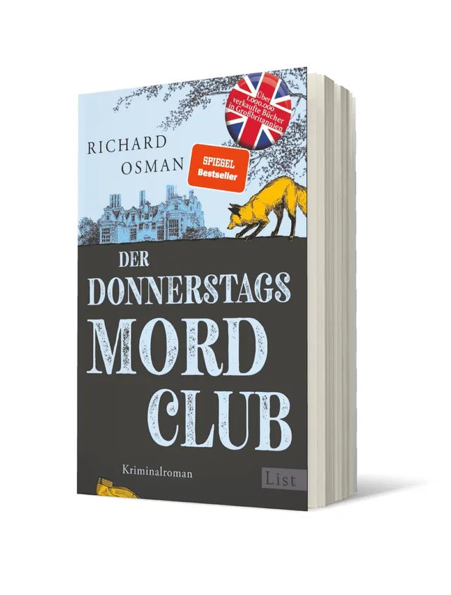 Cover von „Der Donnerstags-Mordclub“ von Richard Osman: Das Cover zeigt eine stilisierte Landschaft mit einem großen, alten Gebäude, einem gelben Hund und einem hellblauen Himmel.