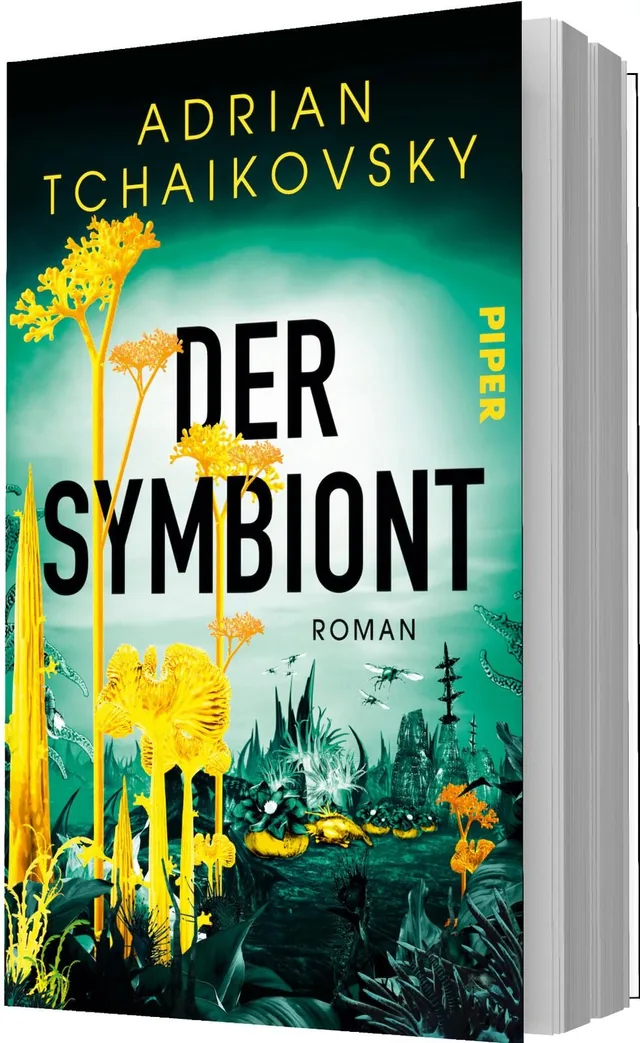 Das Buchcover zeigt eine surreale, alienhafte Landschaft vor einem grünen bis türkisfarbenen Himmel mit hellem Leuchtschein in der Bildmitte. Im Vordergrund leuchtend gelbe, pilz- und blütenähnliche Pflanzen, im Hintergrund dunkle, fremdartige Silhouetten