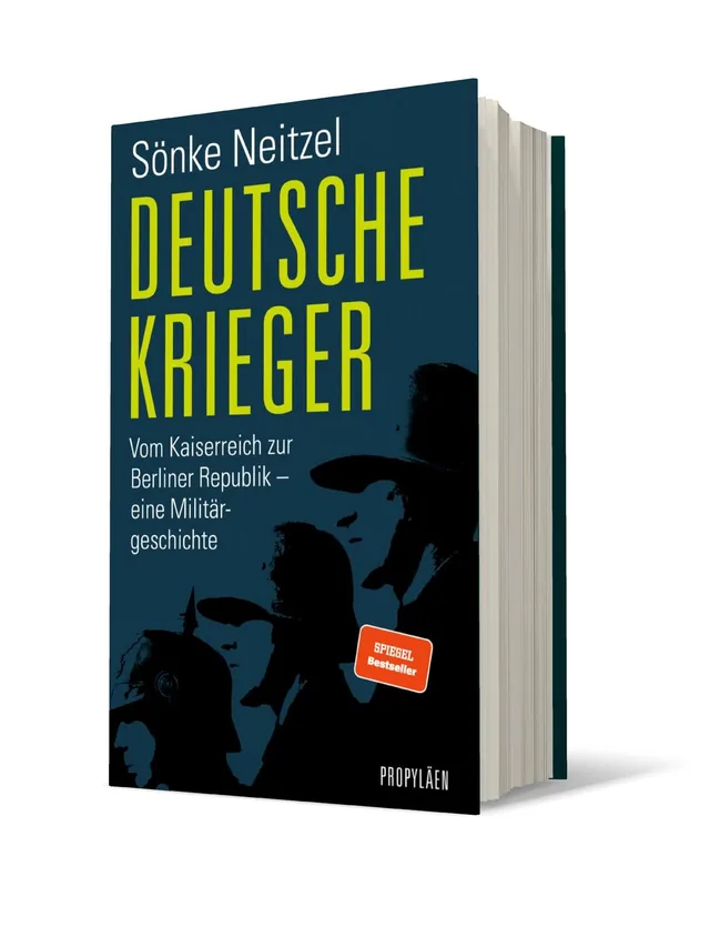 Cover von „Deutsche Krieger“ von Sönke Neitzel: Das Buch zeigt stilisierte Silhouetten von Soldaten vor einem dunklen Hintergrund, mit auffälligem gelben Titel und einem roten Aufkleber.