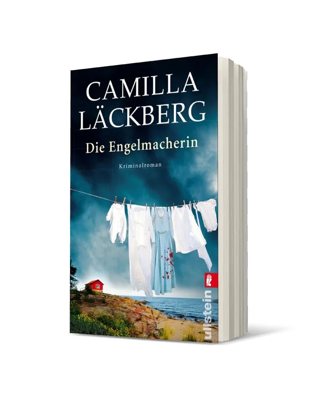 Cover von „Die Engelmacherin“ von Camilla Läckberg: Das Buch zeigt einen bewölkten Himmel über einer Küstenlandschaft, mit Wäsche, die an einer Leine hängt, und einem roten Häuschen im Hintergrund.