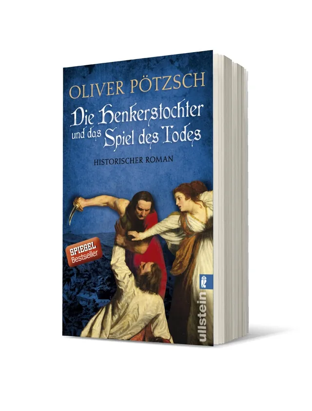 Cover von „Die Henkerstochter und das Spiel des Todes“ von Oliver Pötzsch: Auf blauem Hintergrund sind zwei Frauen in historischer Kleidung zu sehen, die eine dramatische Szene um einen Mann gestalten. Die Farben sind kräftig und vermitteln Spannung.
