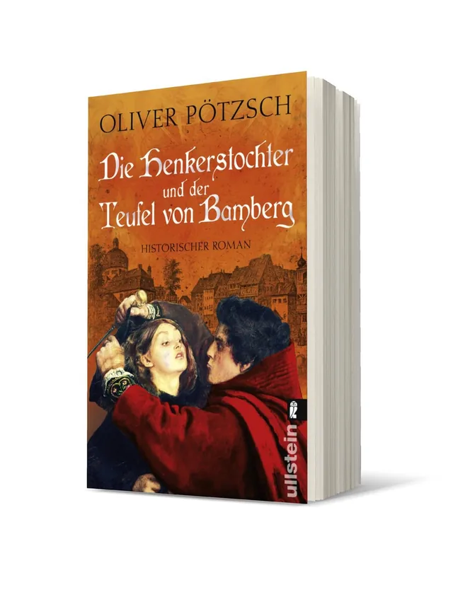 Cover von „Die Henkerstochter und der Teufel von Bamberg“ von Oliver Pötzsch: Eine dramatische Szene, in der eine Frau und ein Mann in historischer Kleidung in einem dunstigen Stadtbild stehen, prägt das Cover.