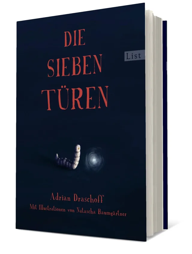Cover von „Die sieben Türen“ von Adrian Draschoff: Das Buch zeigt einen dunklen Hintergrund mit einem größeren, leuchtenden Punkt und einer kleinen Raupe, die dazwischen kriecht.