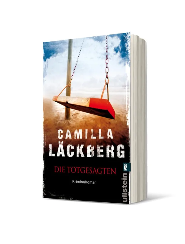 Cover von „Die Totgesagten“ von Camilla Läckberg: Ein schaukelndes, rotes Spielgerät hängt an der Kette vor einem düsteren, nebligen Hintergrund.