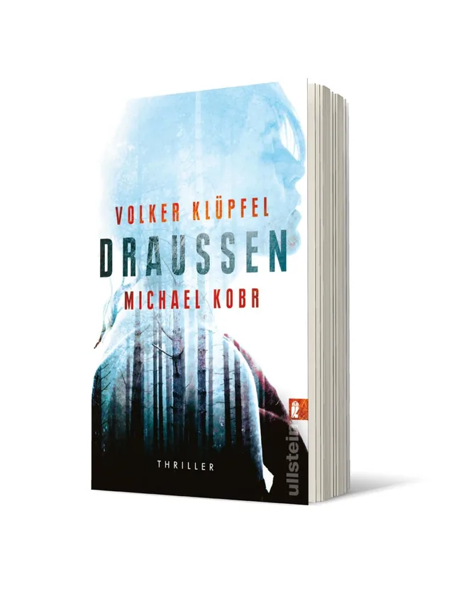 Cover von „Draußen“ von Volker Klüpfel und Michael Kobr: Eine geheimnisvolle Silhouette einer Person vor einem waldähnlichen Hintergrund in bläulichen und grauen Tönen. Der Titel steht in kräftigem Schwarz und Rot.