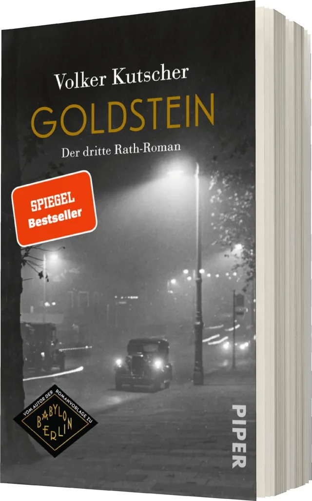 Das Buchcover zeigt eine dreidimensionale Ansicht eines Buches mit einem geheimnisvollen Stadtbild im Hintergrund. Die Szene ist in Grautönen gehalten, mit einem leichten Nebel, der eine Atmosphäre von Nostalgie und Geheimnis schafft. Der Titel „GOLDSTEIN