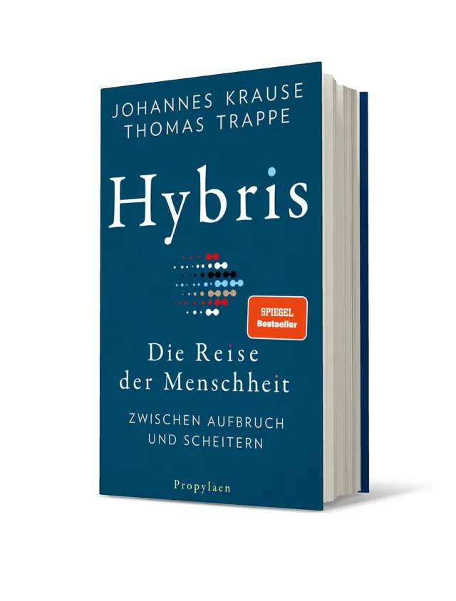 Cover von „Hybris“ von Johannes Krause und Thomas Trappe: Dunkelblauer Hintergrund mit dem Titel in Weiß und einer bunten Grafik in der Mitte, die an digitale Daten erinnert. Untertitel in kleinerer Schrift.