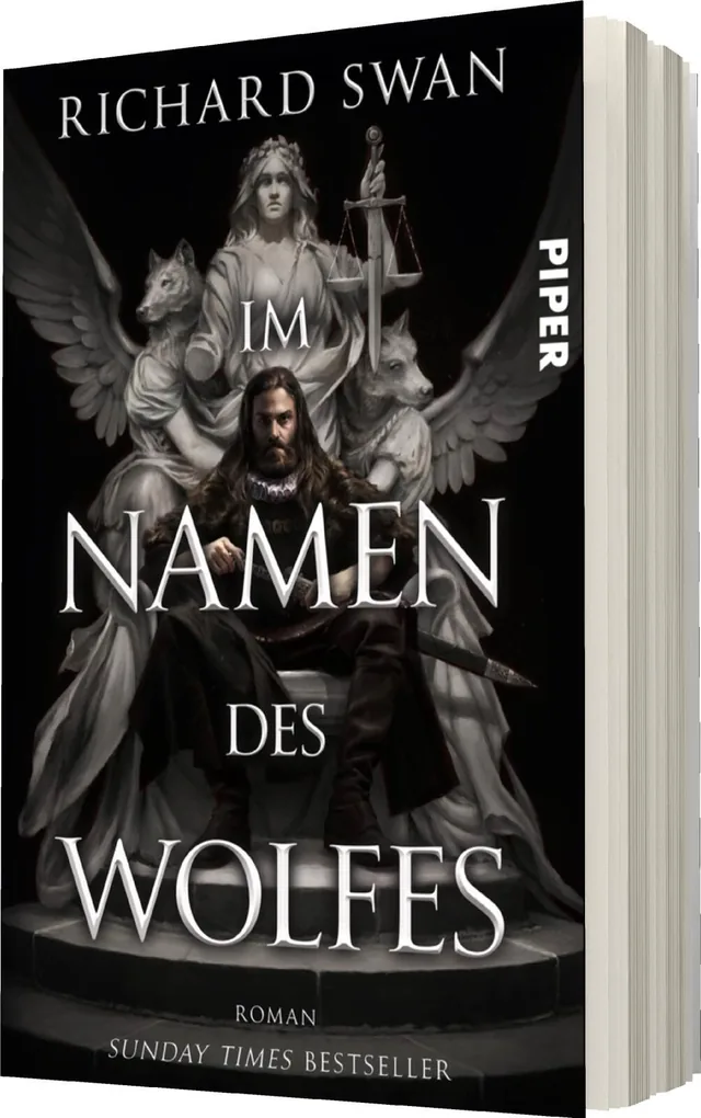 Das Buchcover zeigt einen dramatischen Hintergrund mit Engelsskulpturen, die die Protagonisten flankieren. Im Vordergrund sitzt ein finster dreinblickender Mann auf einem Thron, gekleidet in dunkle, an mittelalterliche Rüstungen erinnernde Kleidung. Der T