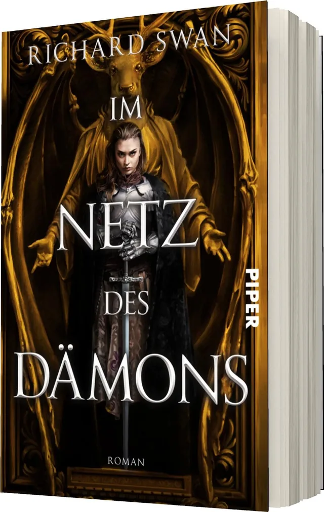 Das Buchcover zeigt eine düstere und mystische Atmosphäre. Im Vordergrund steht eine Figur mit langen, dunklen Haaren, die ein Schwert in der Hand hält und in einer heroischen Pose auftritt. Hinter ihr ist eine grimmige, goldene Statue eines Dämons zu seh