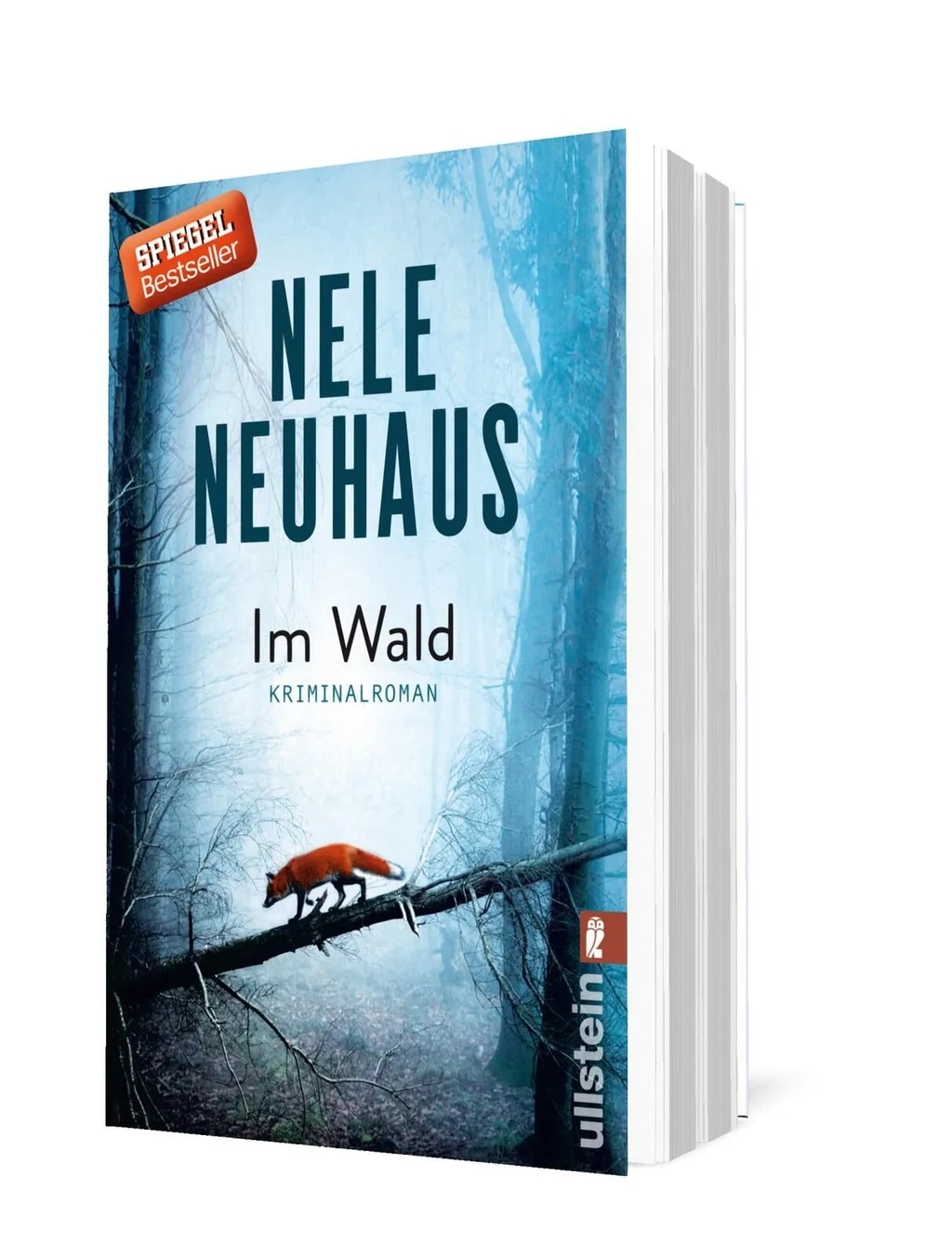 Cover von „Im Wald“ von Nele Neuhaus: Ein schmaler, nebliger Waldweg mit einem roten Fuchs, der auf einem Baumstamm sitzt, in düsterer blauer Farbgebung.