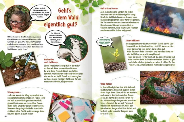 Gezeigt wird eine Innen- oder Zusatzansicht von „Jetzt verstehe ich die Bäume“. Die Doppelseite bietet auf der linken Seite einen Text über die Bedeutung des Waldes, ergänzt durch eine Illustration eines Baumes und einen freundlichen, tierschattierten Hin