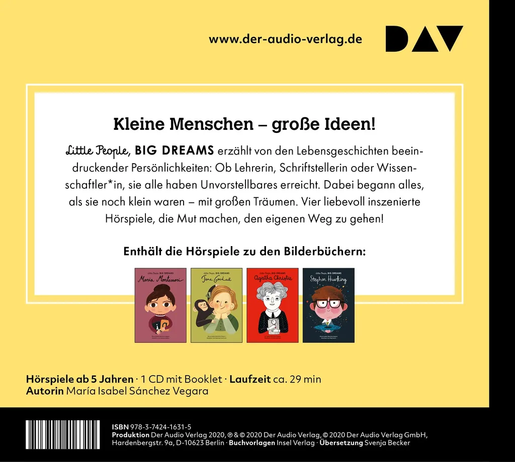 Rückseitenabbildung 1 von Little People, Big Dreams® – Teil 1: Maria Montessori, Jane Goodall, Agatha Christie, Stephen Hawking