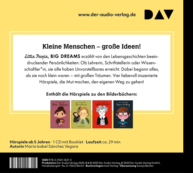 Rückseitenabbildung 1 von Little People, Big Dreams® – Teil 1: Maria Montessori, Jane Goodall, Agatha Christie, Stephen Hawking