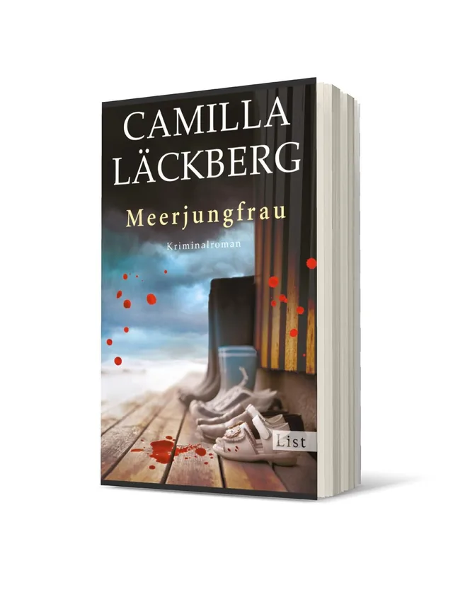 Cover von „Meerjungfrau“ von Camilla Läckberg: Das Cover zeigt am Boden liegende Schuhe vor einer Treppe, umgeben von roten Blutspritzern und einer düsteren, dramatischen Atmosphäre.