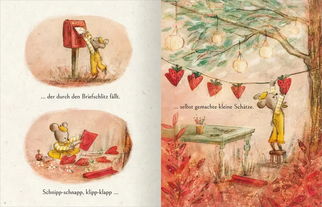Gezeigt wird eine Innen- oder Zusatzansicht von „Meine Liebe begleitet dich überall hin“. Die Illustration zeigt eine aufgeregte Figur, die einen roten Brief in einen Briefkasten steckt, umgeben von warmen, erdigen Farbtönen in Rot und Gelb. Auf der gegen