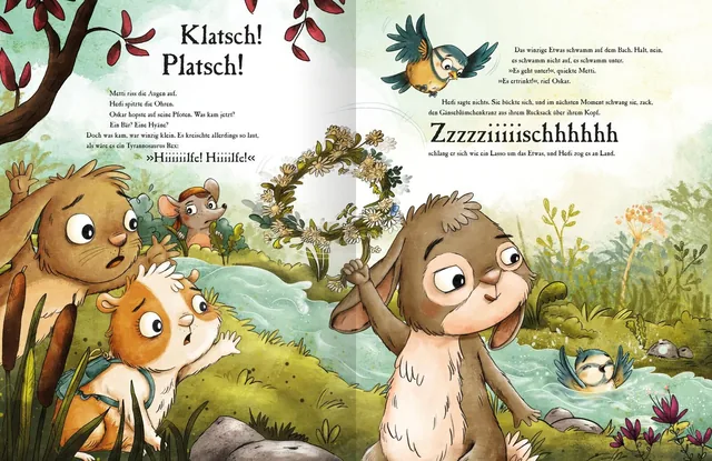 Gezeigt wird eine Innenansicht von „Metti Meerschwein und das große Abenteuer“. Die Illustration zeigt eine lebendige Naturkulisse mit einem klaren, blauen Wasserlauf und umstehenden Pflanzen. Die Figuren, darunter ein braunes Meerschweinchen und ein freu
