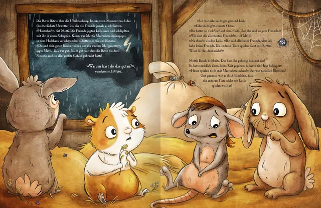 Gezeigt wird eine Innen- oder Zusatzansicht von „Metti Meerschwein und das große Abenteuer“. Die Illustration zeigt vier tierische Charaktere in einem Holzstall, umgeben von Heu und Sackstoffen. Das Meerschwein Metti in der Mitte hat orange-braunes Fell u