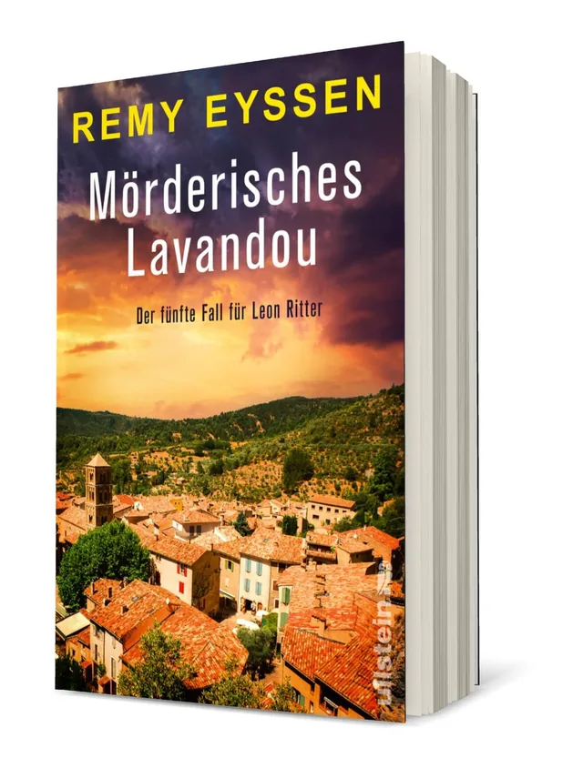 Cover von „Mörderisches Lavandou“ von Remy Eyssen: Eine malerische Szenerie mit einem Dorf in den Hügeln, unter einem dramatischen, bewölkten Himmel in warmen Farben.