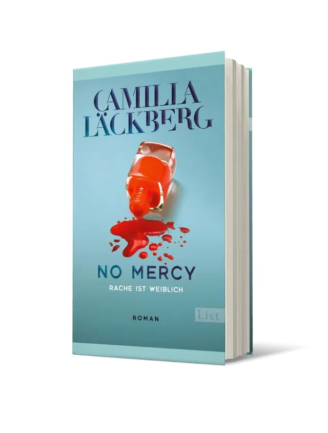 Cover von „No Mercy“ von Camilla Läckberg: Ein umgefallener Nagellackflasche in Rot auf einem blauen Hintergrund, mit rotem Farbklecks, der Blut ähnelt.