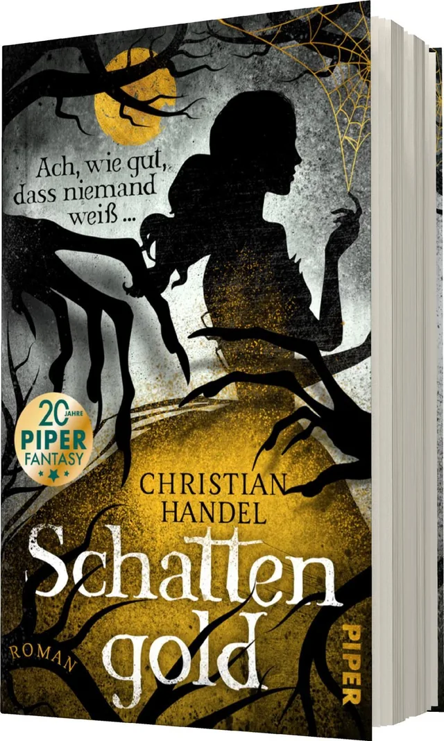 Das Buchcover zeigt eine geheimnisvolle Silhouette einer Frau, umgeben von düsteren Ästen und einem leuchtenden gelben Vollmond, der im Hintergrund erscheint. Der Titel „Schattengold“ ist in elegantem, geschwungenem Weiß gestaltet und hebt sich deutlich v