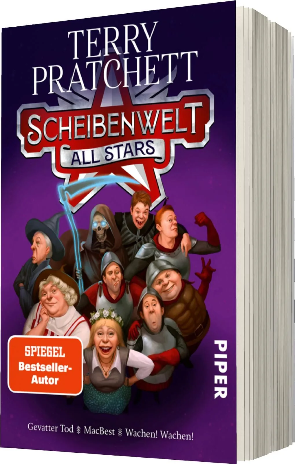 Das Buchcover zeigt eine bunte Illustration mit mehreren humorvollen Charakteren aus Terry Pratchetts „Scheibenwelt“. Die Figuren, darunter ein Zauberer und eine Königin, sind in lebhaften Farben gehalten. Der Hintergrund ist in einem kräftigen Violett ge