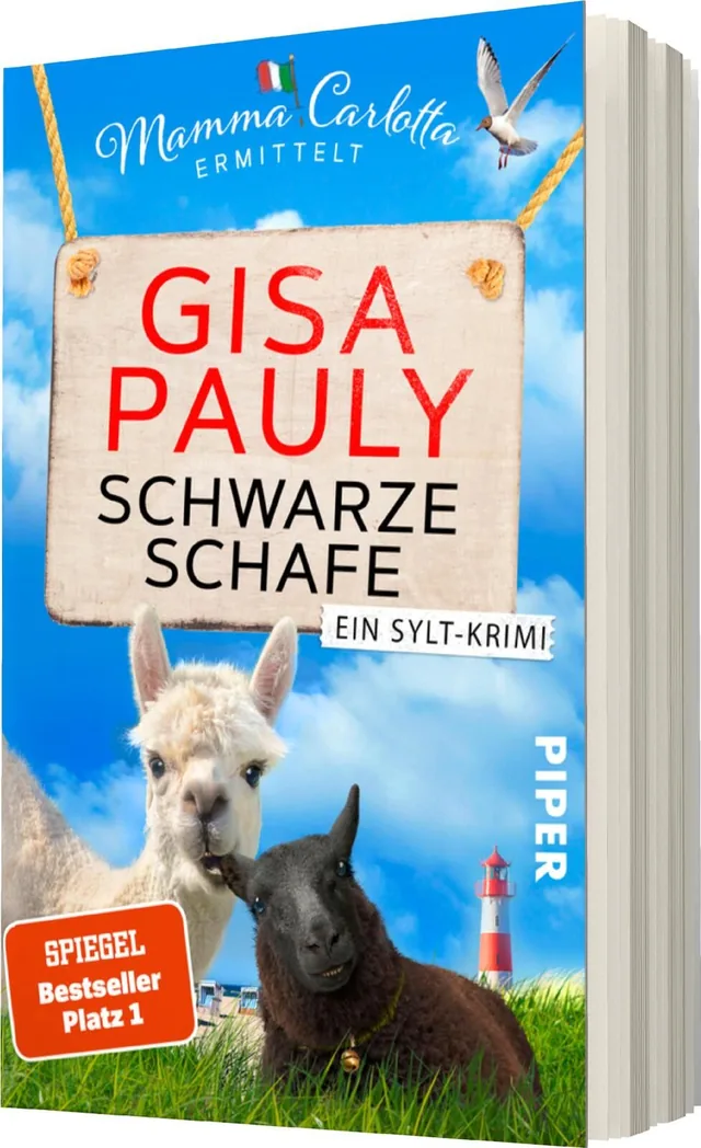 Das Buchcover zeigt eine idyllische Landschaft, in der ein schneeweißes Lama und ein schwarzes Schaf im Vordergrund stehen. Der Himmel ist strahlend blau mit einigen weißen Wolken. Über den Tieren hängt ein Schild mit dem Titel „SCHWARZE SCHAFE“ und dem A