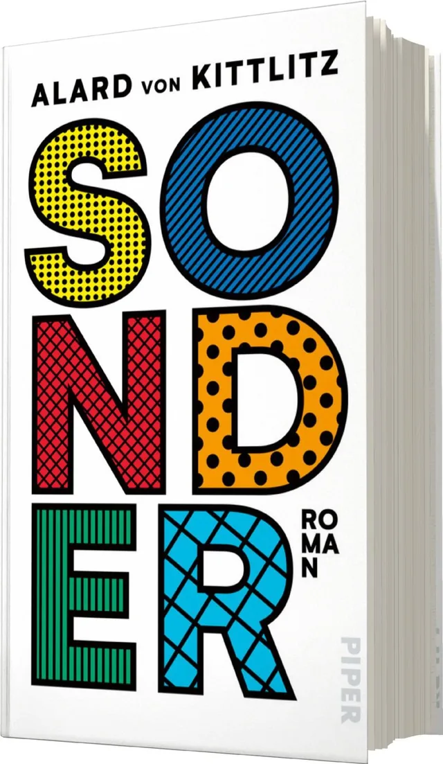 Das Buchcover zeigt den Titel „SONDER“ in großem, buntem Schriftzug, der aus verschiedenen Farben und Mustern besteht. Die Buchstaben sind in Rot, Gelb, Blau, Schwarz mit Punkten und Streifen sowie Grün gestaltet. Oberhalb des Titels steht der Autor „ALAR