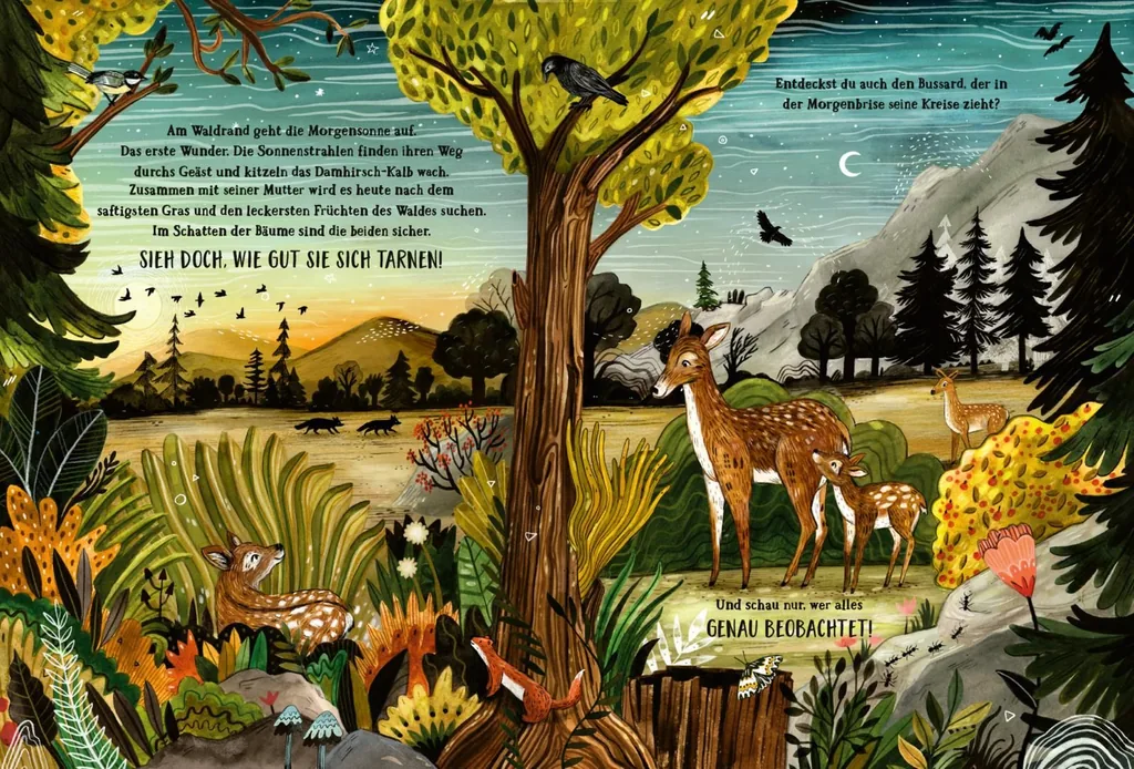 Gezeigt wird eine Innen- oder Zusatzansicht von „Wald der Wunder“. Die illustrierte Szene zeigt einen farbenfrohen Wald mit üppigem Grün, hellen Gelbtönen und tiefen Blautönen des Himmels in der Dämmerung. Zentrale Elemente sind ein großer Baum, zwei fris