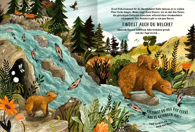 Gezeigt wird eine Innen- oder Zusatzansicht von „Wald der Wunder“. Die Illustration zeigt einen lebhaften Fluss mit sprudelndem Wasser, umgeben von üppigem Grün und bunten Blumen. Zwei Bären sind am Ufer zu sehen, während Fische im Wasser schwimmen. Der o