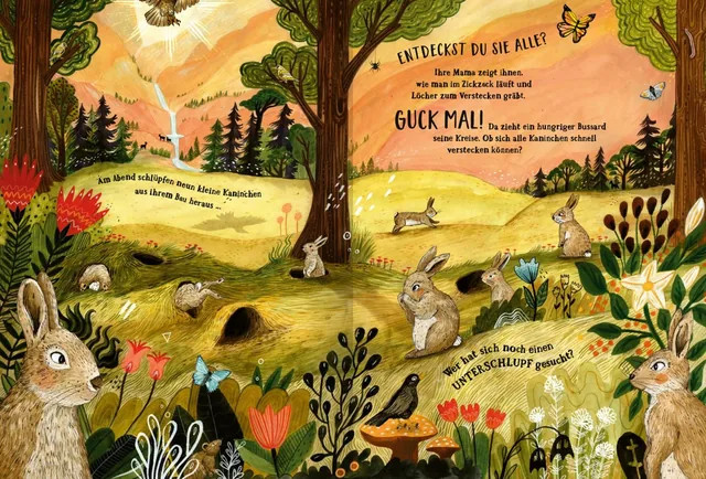 Gezeigt wird eine Innen- oder Zusatzansicht von „Wald der Wunder“. Die Illustration zeigt eine lebendige Waldlandschaft in sanften Erdtönen mit einem warmen, gelben Himmel. Zahlreiche Tiere, insbesondere Hasen, sind zwischen bunten Blumen und grünen Sträu