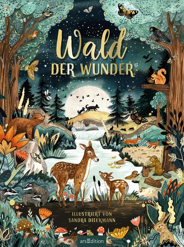 Das Buchcover zeigt eine bezaubernde, farbenfrohe Wal Landschafft mit zahlreichen Tieren wie einem Reh, einem Eichhörnchen und Vögeln, die zwischen Bäumen und Blumen lebhaft dargestellt sind. Der Titel „Wald der Wunder“ ist in geschwungener, goldener Schr