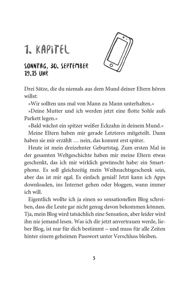 Gezeigt wird eine Innen- oder Zusatzansicht von „Wie man 13 wird und überlebt“. Der Text ist in einer klaren, gut lesbaren Serifenschrift gestaltet und hebt sich deutlich von dem weißen Hintergrund ab. Im oberen Bereich befindet sich die Kapitelüberschrif