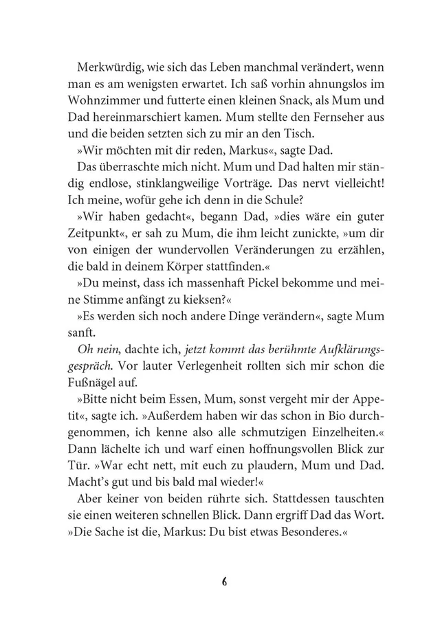 Gezeigt wird eine Innenansicht von „Wie man 13 wird und überlebt“. Der Text ist in einer klaren, gut lesbaren Schriftart gesetzt und auf weißem Hintergrund. Die schwarze Schriftfarbe hebt sich deutlich ab, während einige Absätze mit zusätzlichen Betonunge
